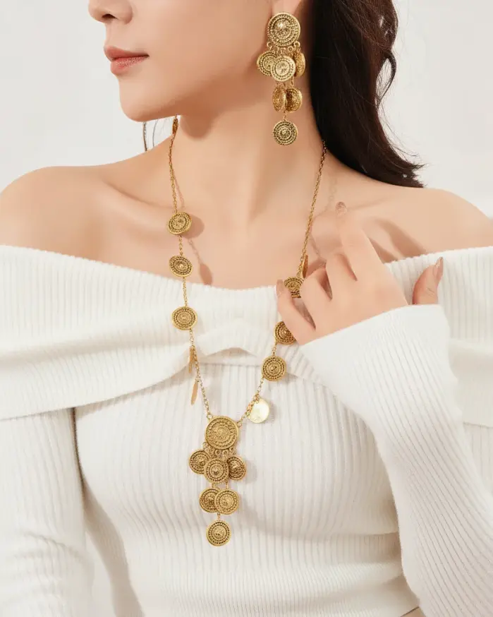 Juego de joyería vintage elegante de 3 piezas para mujer, collar largo con diseño circular, collarín de moda, pendientes para novia, boda, fiesta 1