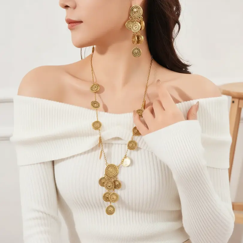 Juego de joyería vintage elegante de 3 piezas para mujer, collar largo con diseño circular, collarín de moda, pendientes para novia, boda, fiesta 1