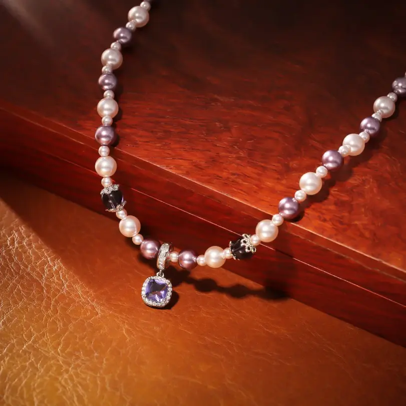 Juego de Joyería Vintage Elegante de 2 Piezas para Mujer, Collar con Pedrería Brillante Morada, Pulsera de Perlas para Novia, Regalo de Boda o Fiesta 4