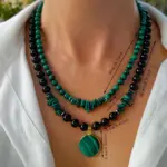 Juego de collar de doble capa de malaquita y ágata negra de 2 piezas para mujer, joyería hecha a mano con piedra natural y cuentas de múltiples hebras 5