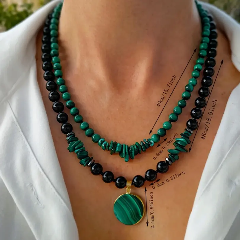 Juego de collar de doble capa de malaquita y ágata negra de 2 piezas para mujer, joyería hecha a mano con piedra natural y cuentas de múltiples hebras 5