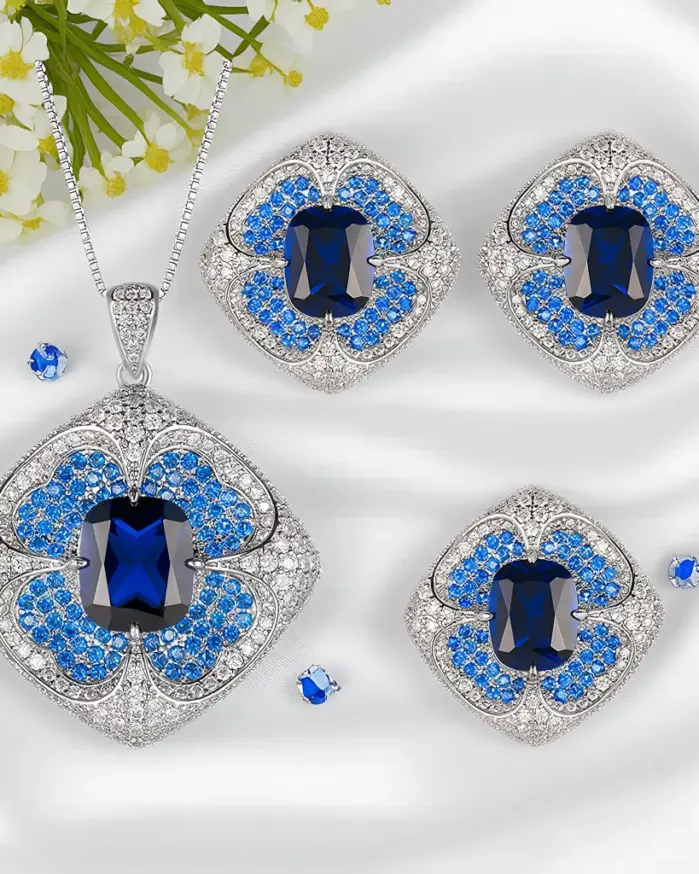 Conjunto de joyería Vintage elegante para mujer, collar de pétalos en forma de corazón azul, gargantilla de cristal brillante, pendientes de boda para fiesta, 4 Uds. 1