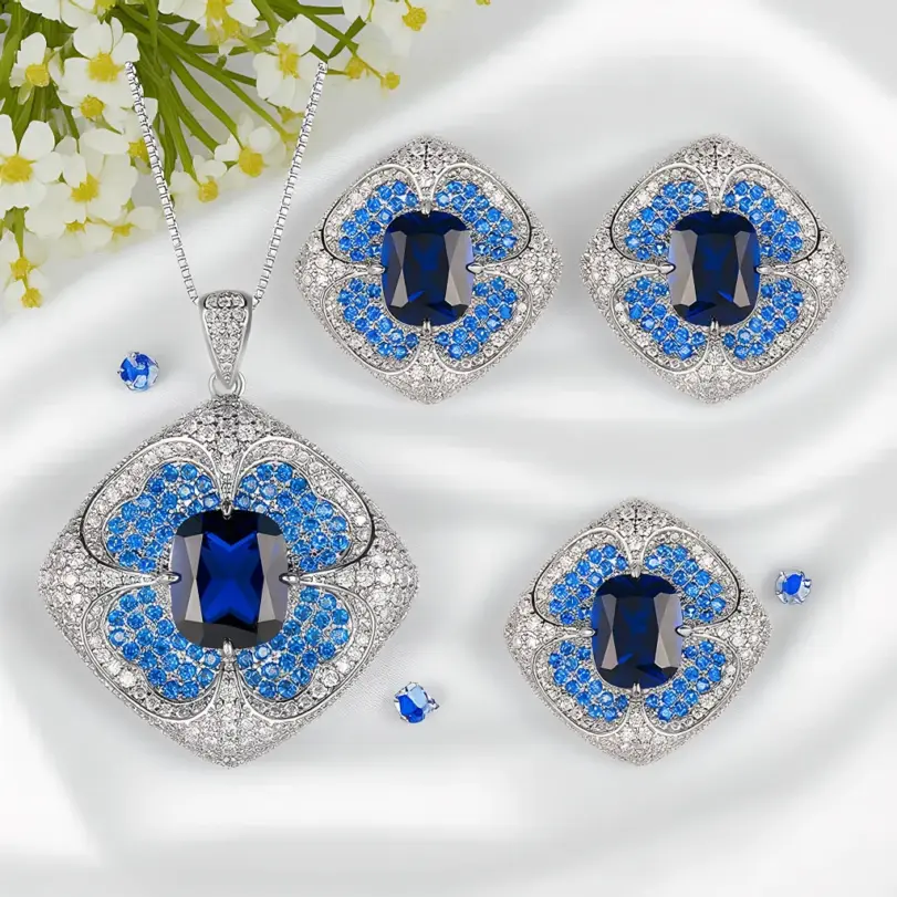 Conjunto de joyería Vintage elegante para mujer, collar de pétalos en forma de corazón azul, gargantilla de cristal brillante, pendientes de boda para fiesta, 4 Uds. 1 Conjunto de joyería Vintage elegante para mujer, collar de pétalos en forma de corazón azul, gargantilla de cristal brillante, pendientes de boda para fiesta, 4 Uds. 1