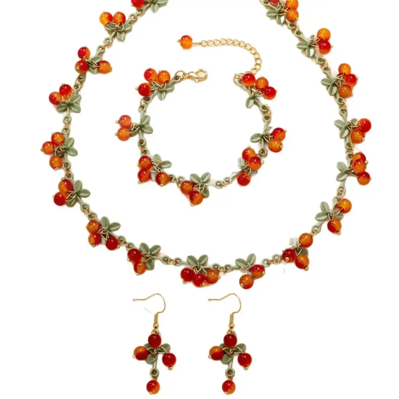 Conjunto de Joyería de Cuentas de Cristal con Diseño de Cereza Miniatura y Hoja Verde, que incluye Gargantilla y Pulsera Colgante, Estilo Dulce y Encantador, Serie Frutas Vintage 6