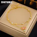 Tobilleras DIEYURO 316L de acero inoxidable con flor de loto rosa para mujer y niña, nueva tendencia, cadenas multicapa, joyería que no se decolora, regalo para fiesta 1