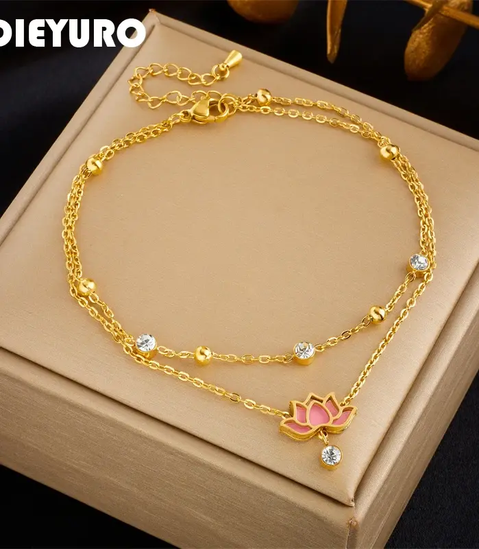 Tobilleras DIEYURO 316L de acero inoxidable con flor de loto rosa para mujer y niña, nueva tendencia, cadenas multicapa, joyería que no se decolora, regalo para fiesta 1