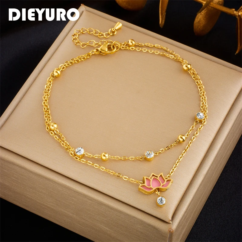 Tobilleras DIEYURO 316L de acero inoxidable con flor de loto rosa para mujer y niña, nueva tendencia, cadenas multicapa, joyería que no se decolora, regalo para fiesta 1 Tobilleras DIEYURO 316L de acero inoxidable con flor de loto rosa para mujer y niña, nueva tendencia, cadenas multicapa, joyería que no se decolora, regalo para fiesta 1