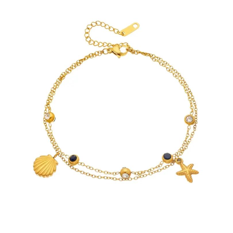 DIEYURO Tobillera de doble capa de acero inoxidable 316L con colgante de estrella de mar y circonita redonda blanca y negra, nueva joyería para mujer 6