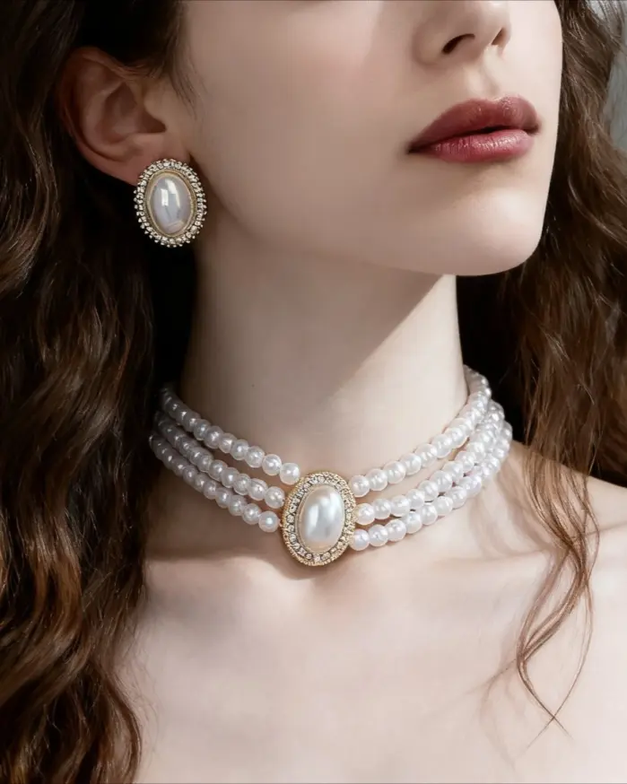 Juego de Joyería Vintage Elegante de 3 Piezas para Mujer, Collar de Perlas Brillantes Elípticas, Gargantilla de Cristal Brillante, Aretes para Vestido de Novia, Fiesta 2