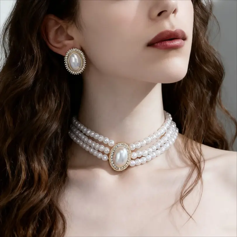 Juego de Joyería Vintage Elegante de 3 Piezas para Mujer, Collar de Perlas Brillantes Elípticas, Gargantilla de Cristal Brillante, Aretes para Vestido de Novia, Fiesta 2