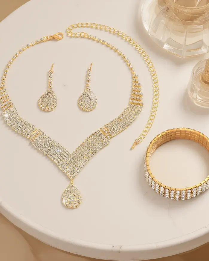 Elegante Juego de Joyería Vintage para Mujer, Collar con Forma de Gota de Agua en V, Gargantilla de Cristal Brillante, Aretes para Novia, Boda, Fiesta 2