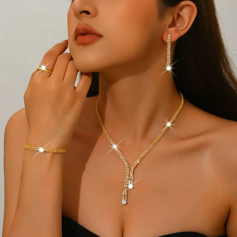 Conjunto de joyería Vintage elegante para mujer, collar con estilo de cadena de garra exquisita, Gargantilla dorada, pulsera de boda nupcial, regalo de fiesta, 5 uds. 3