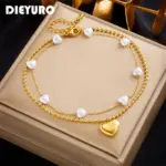DIEYURO-tobilleras de acero inoxidable 316L para mujer y niña, cadena de pierna de 2 capas con abalorio de perlas y corazón, joyería de tendencia, regalo de cumpleaños, 2023 1