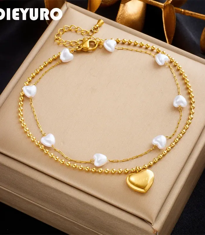 DIEYURO-tobilleras de acero inoxidable 316L para mujer y niña, cadena de pierna de 2 capas con abalorio de perlas y corazón, joyería de tendencia, regalo de cumpleaños, 2023 1