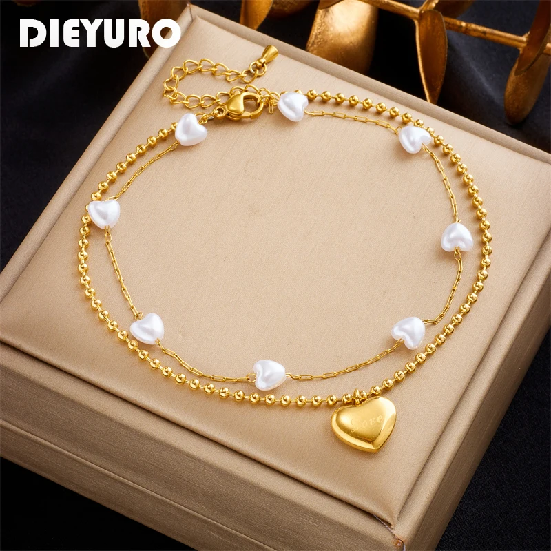 DIEYURO-tobilleras de acero inoxidable 316L para mujer y niña, cadena de pierna de 2 capas con abalorio de perlas y corazón, joyería de tendencia, regalo de cumpleaños, 2023 1 DIEYURO-tobilleras de acero inoxidable 316L para mujer y niña, cadena de pierna de 2 capas con abalorio de perlas y corazón, joyería de tendencia, regalo de cumpleaños, 2023 1