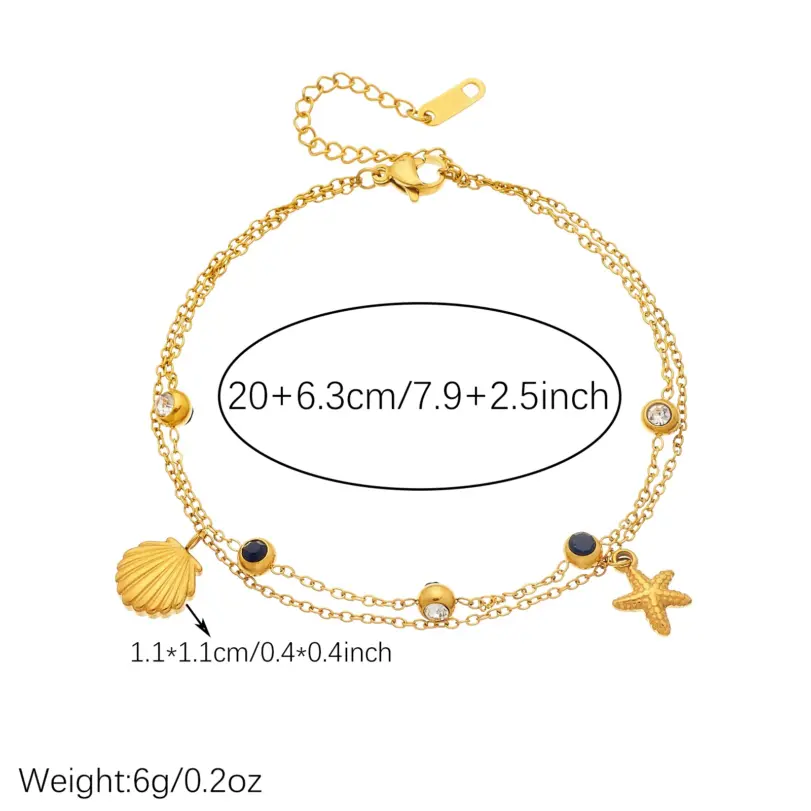 DIEYURO Tobillera de doble capa de acero inoxidable 316L con colgante de estrella de mar y circonita redonda blanca y negra, nueva joyería para mujer 2