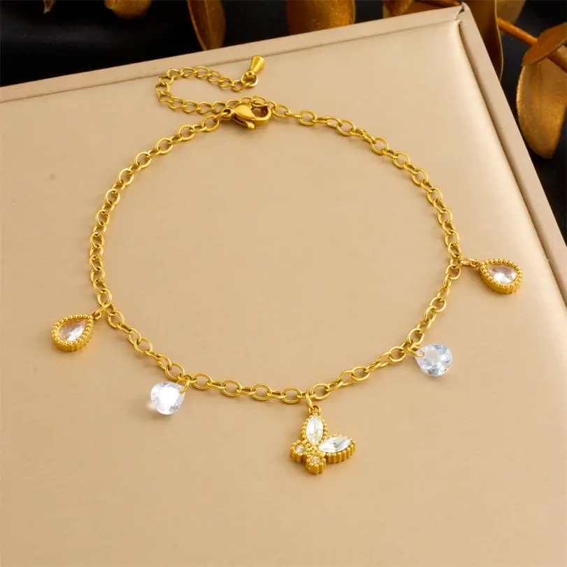 DIEYURO 316L Acero inoxidable mariposa dorada gota de agua tobillera de circón para mujer cadena de pie de moda joyería regalo glamuroso 6