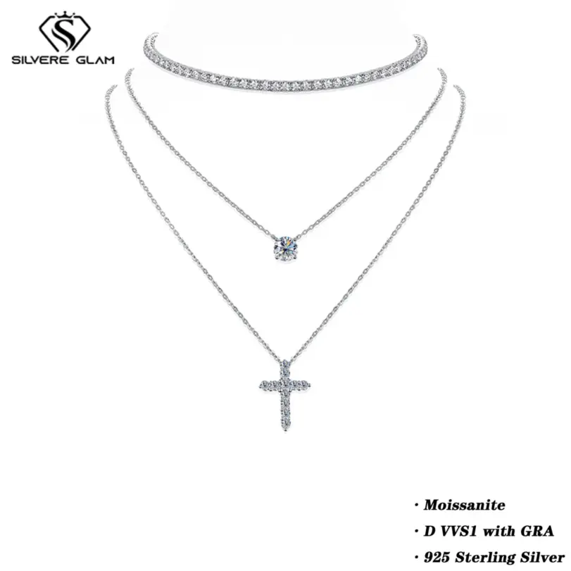 Collar de tenis de plata de ley 925 con moissanita D VVS1 para mujer, conjunto de collar, regalo de joyería de lujo, diamante cultivado en laboratorio 1