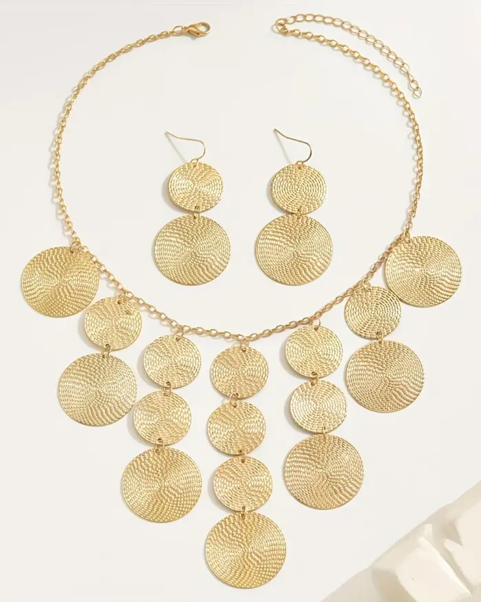 Set de Joyería de 3 Piezas con Discos Dorados para Mujer, Collar con Flecos en Cascada y Pendientes Colgantes con Monedas Texturizadas, Joyería Boho de Moda, Regalo 2