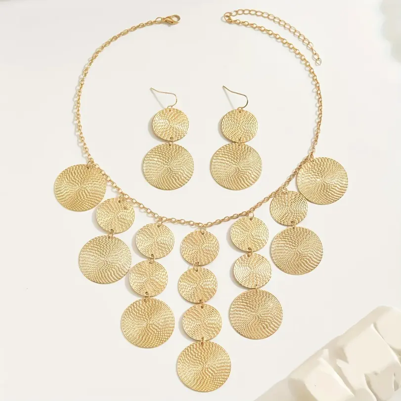 Set de Joyería de 3 Piezas con Discos Dorados para Mujer, Collar con Flecos en Cascada y Pendientes Colgantes con Monedas Texturizadas, Joyería Boho de Moda, Regalo 2