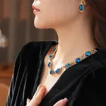 Juego de Joyería Vintage Elegante de 3 Piezas para Mujer, Collar con Piedras de Imitación Ovaladas, Gargantilla de Cristal Azul Brillante, Aretes para Novia, Boda, Fiesta 2