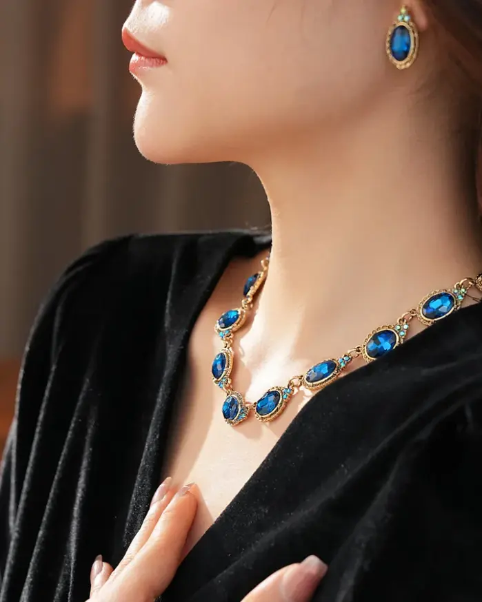 Juego de Joyería Vintage Elegante de 3 Piezas para Mujer, Collar con Piedras de Imitación Ovaladas, Gargantilla de Cristal Azul Brillante, Aretes para Novia, Boda, Fiesta 2