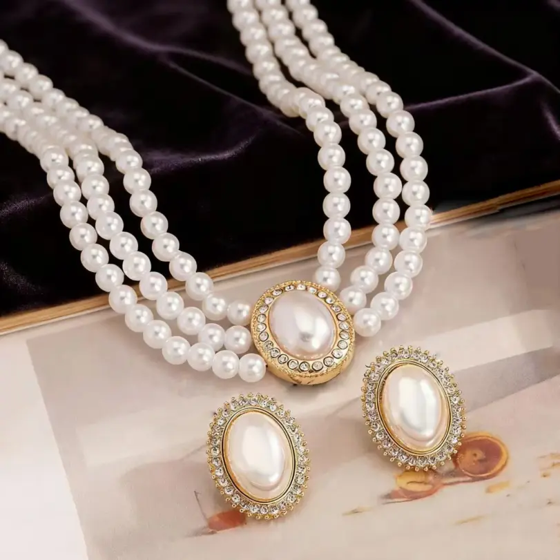 Juego de Joyería Vintage Elegante de 3 Piezas para Mujer, Collar de Perlas Brillantes Elípticas, Gargantilla de Cristal Brillante, Aretes para Vestido de Novia, Fiesta 4