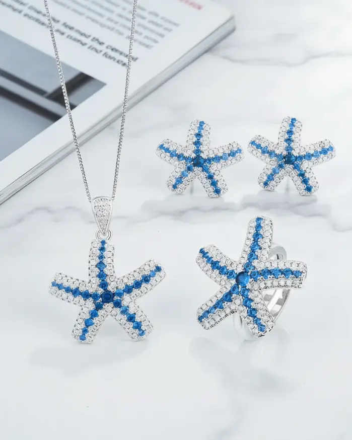 Conjunto de joyería Vintage elegante para mujer, collar de estrella de mar de zafiro, gargantilla de cristal brillante, pendientes de boda para fiesta, 4 Uds. 1