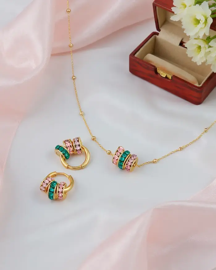 Juego de Joyería Vintage Elegante de 3 Piezas para Mujer, Collar de Cuerda Colorido, Gargantilla de Cristal Brillante, Aretes de Novia para Boda, Fiesta 1