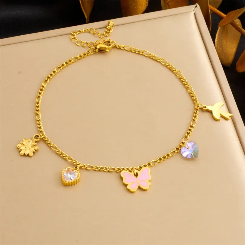 DIEYURO 316L Acero inoxidable Rosa mariposa circón corazón flor tobillera para mujer nueva moda cadena de pie joyería regalo de vacaciones 6