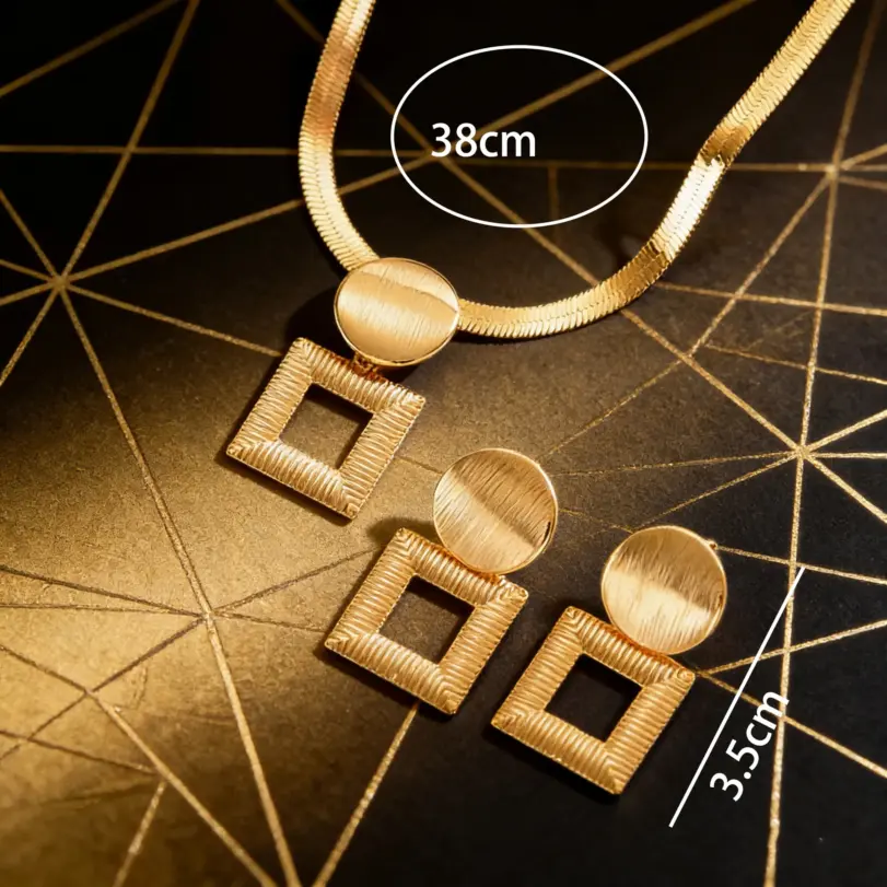 Juego de Joyería Elegante y Moderno de 3 Piezas para Mujer, Collar Cuadrado Geométrico, Gargantilla de Metal Dorado Clásico, Aretes para Uso Diario Informal, Regalo 5