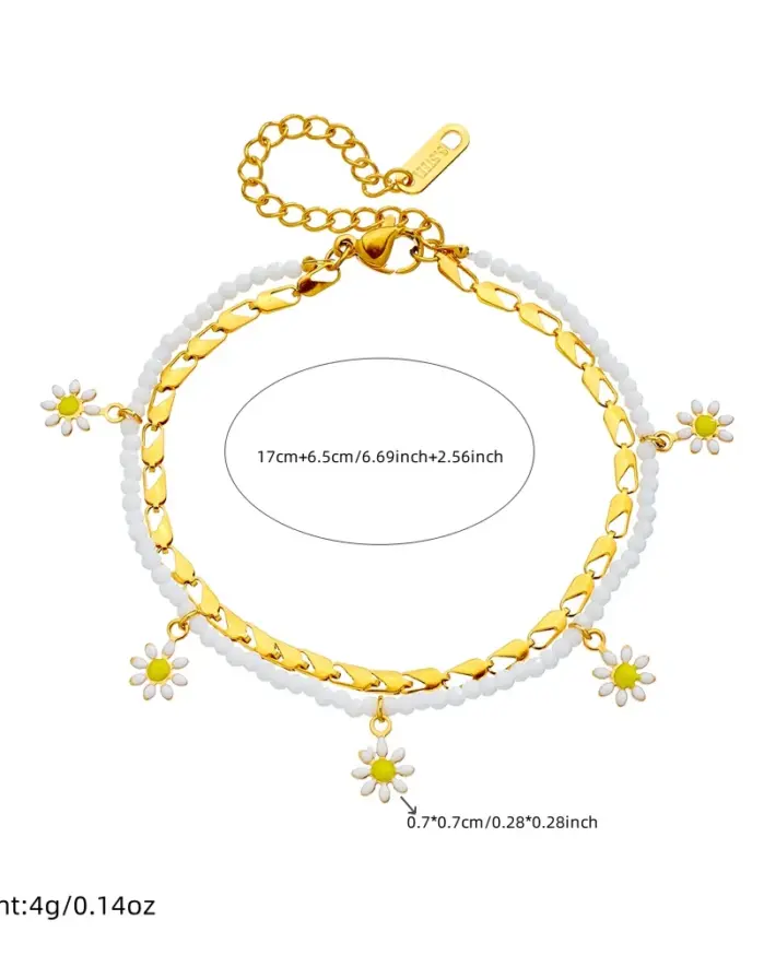 DIEYURO 316L Acero inoxidable blanco pequeña flor gota de aceite tobilleras de doble capa para mujeres cadenas de pie impermeables regalo de joyería 2