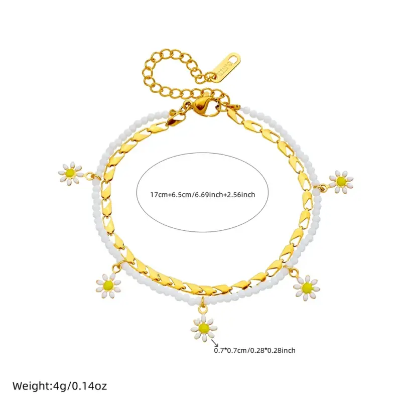 DIEYURO 316L Acero inoxidable blanco pequeña flor gota de aceite tobilleras de doble capa para mujeres cadenas de pie impermeables regalo de joyería 2