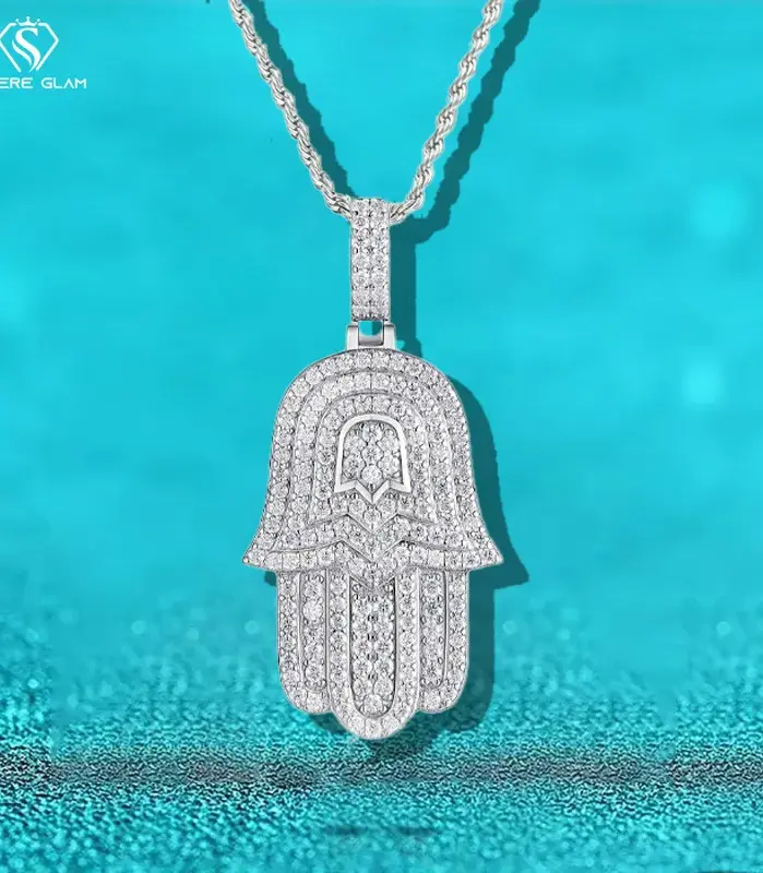 Collar de moissanita de Plata de Ley 925 TY para mujeres y hombres, collar con colgante de Palma de Hip Hop de moissanita completa, joyería fina de Navidad 1