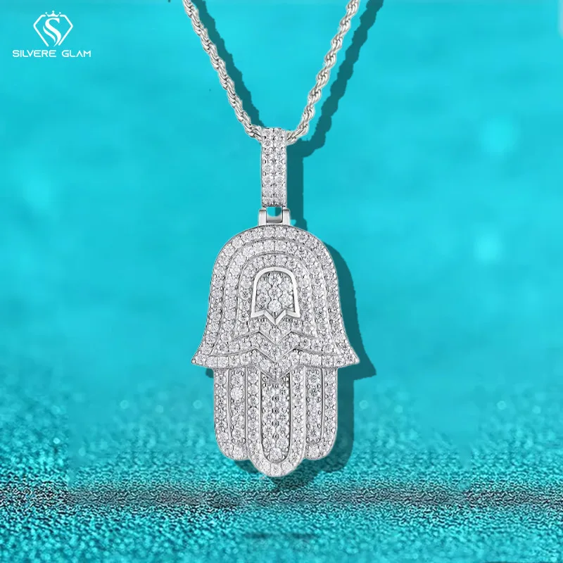 Collar de moissanita de Plata de Ley 925 TY para mujeres y hombres, collar con colgante de Palma de Hip Hop de moissanita completa, joyería fina de Navidad 1 Collar de moissanita de Plata de Ley 925 TY para mujeres y hombres, collar con colgante de Palma de Hip Hop de moissanita completa, joyería fina de Navidad 1