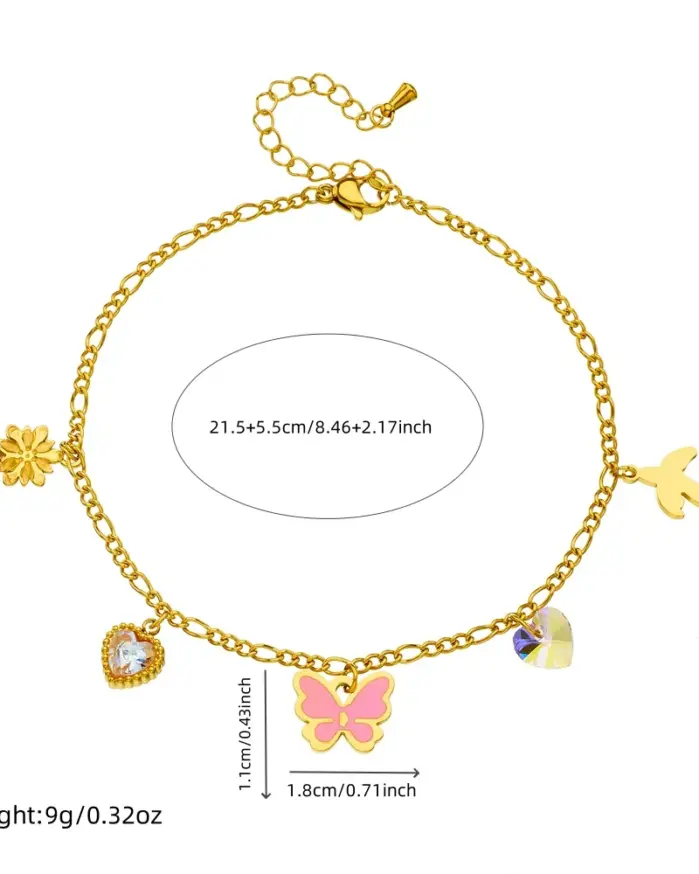 DIEYURO 316L Acero inoxidable Rosa mariposa circón corazón flor tobillera para mujer nueva moda cadena de pie joyería regalo de vacaciones 2