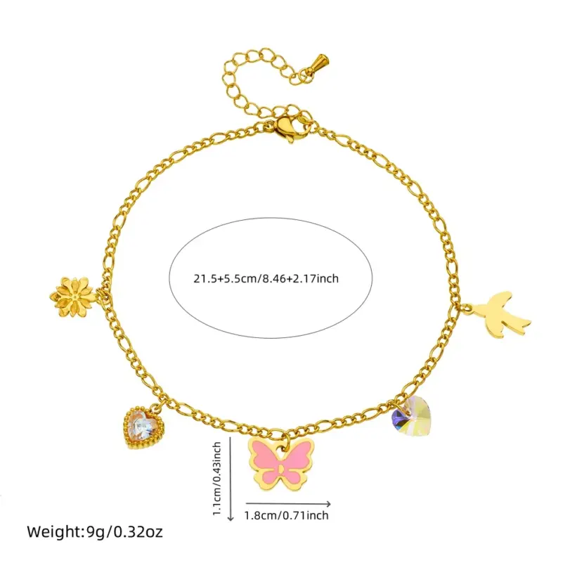 DIEYURO 316L Acero inoxidable Rosa mariposa circón corazón flor tobillera para mujer nueva moda cadena de pie joyería regalo de vacaciones 2