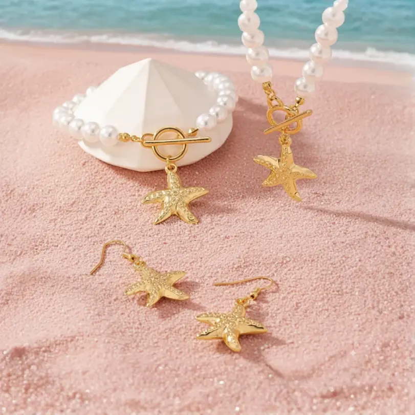 Conjunto de Collar de Perlas con Estrella de Mar Dorada, Cierre de Palanca, Gargantilla de Perlas, Pendientes y Pulsera, Juego de 3 Piezas para Mujer, Joyería Estética Estilo Sirena 5