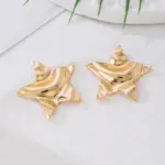 Conjunto de Pendientes Grandes de Moda Avant-Garde Gold Star con Textura Arrugada Única, Anillo Elegante, Colección de Joyería Distintiva para Fiesta 5