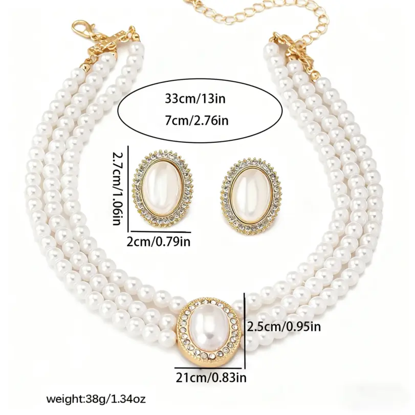 Juego de Joyería Vintage Elegante de 3 Piezas para Mujer, Collar de Perlas Brillantes Elípticas, Gargantilla de Cristal Brillante, Aretes para Vestido de Novia, Fiesta 6