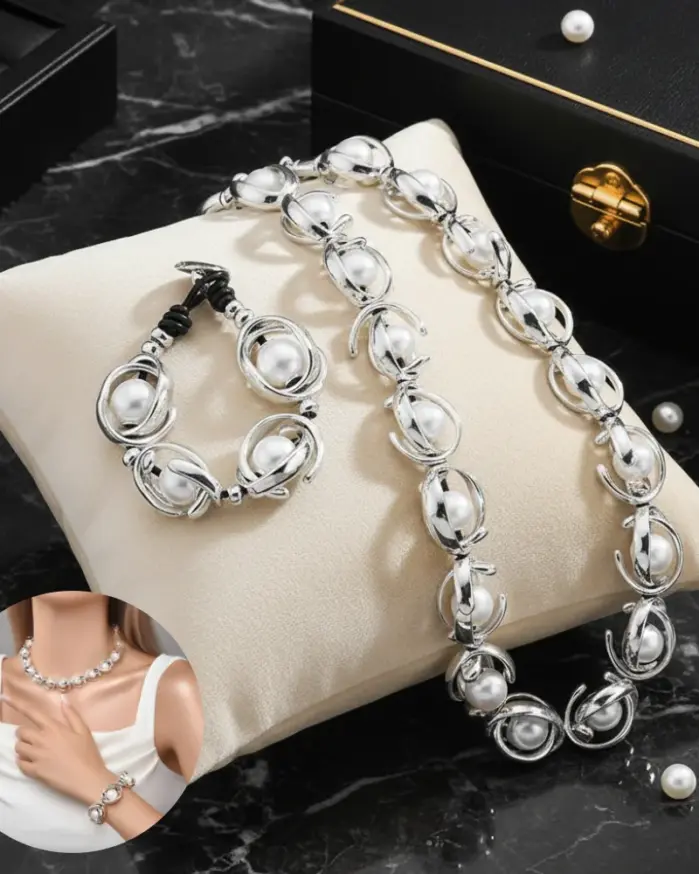 Conjunto de Joyería de Perlas con Diseño de Espiral Plateada para Mujer, Collar y Pulsera con Cadena de Eslabones Escultóricos Plateados, Regalo de Joyería Modernista con Perlas 2