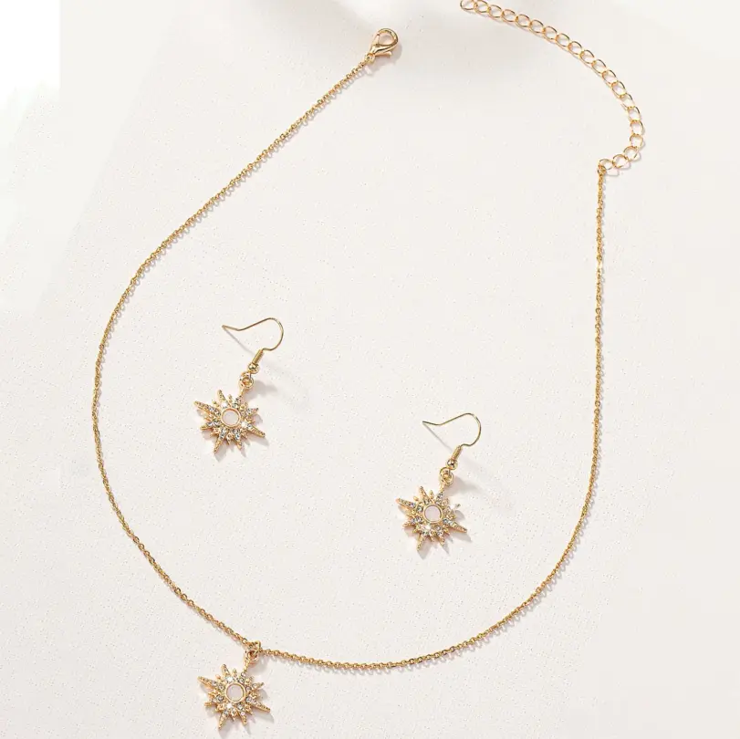 Juego de Joyería Elegante y Moderno de 3 Piezas para Mujer, Collar con Estrella Dorada y Sol, Gargantilla Brillante con Cristales, Aretes para Uso Diario Informal, Regalo 5