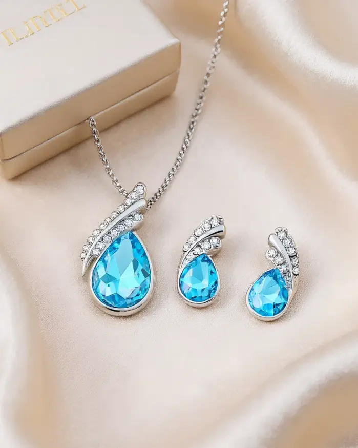 Conjunto de joyería Vintage elegante para mujer, collar estilo gota de agua azul, gargantilla de cristal brillante, pendientes de boda para fiesta, 3 uds. 1