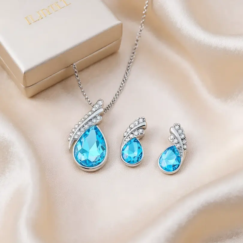 Conjunto de joyería Vintage elegante para mujer, collar estilo gota de agua azul, gargantilla de cristal brillante, pendientes de boda para fiesta, 3 uds. 1 Conjunto de joyería Vintage elegante para mujer, collar estilo gota de agua azul, gargantilla de cristal brillante, pendientes de boda para fiesta, 3 uds. 1