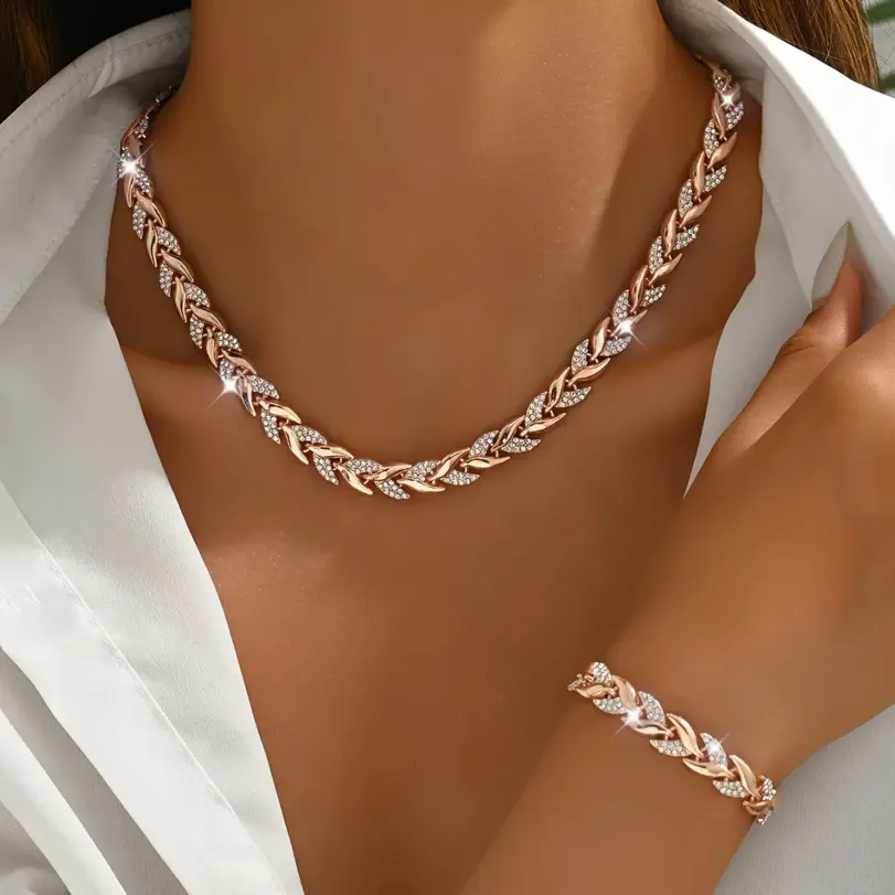2 uds. Collar de cola de pez con cadena de diamantes de imitación de cristal de diseño elegante con pulsera a juego para mujer conjunto de joyería de lujo estilo de moda 1