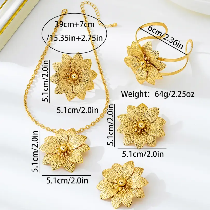 Conjunto de joyería Vintage elegante para mujer, collar de flores con temperamento dorado, Gargantilla, pulsera de boda nupcial, regalo de fiesta, 5 uds. 5