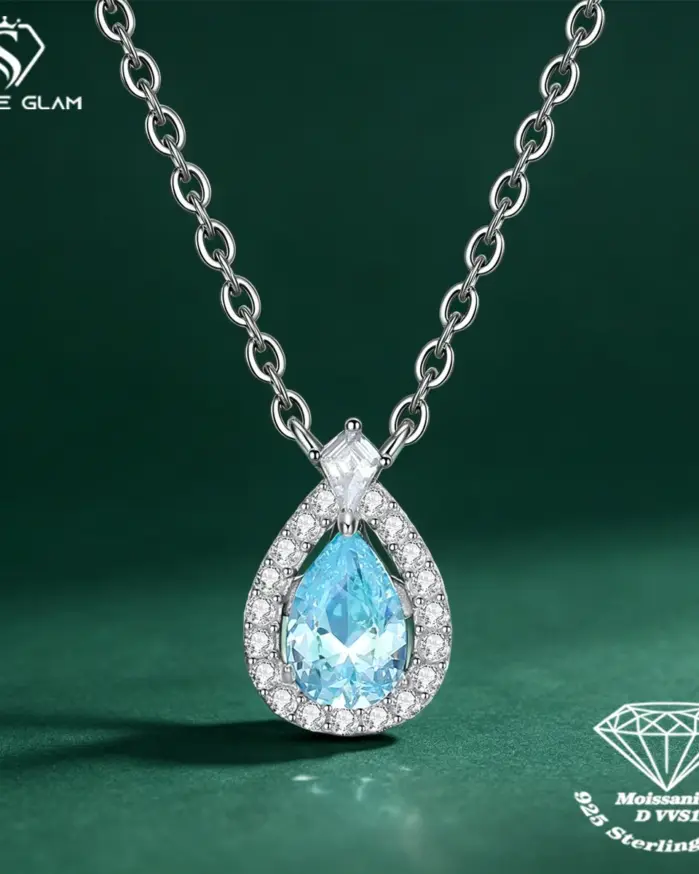 Collar de plata de ley 925 con moissanita TY para mujer, colgante de lágrima azul, moissanita de color D, collar de marca de laboratorio, joyería fina, regalo. 1