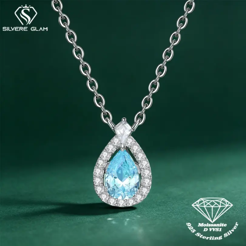 Collar de plata de ley 925 con moissanita TY para mujer, colgante de lágrima azul, moissanita de color D, collar de marca de laboratorio, joyería fina, regalo. 1