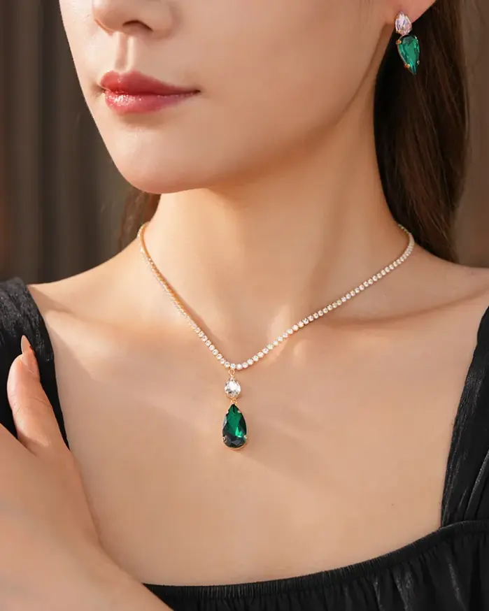 Juego de Joyería Vintage Elegante de 3 Piezas para Mujer, Collar Estilo Gota de Agua, Gargantilla de Cristal Brillante, Pendientes Verdes para Novia, Boda, Fiesta 2