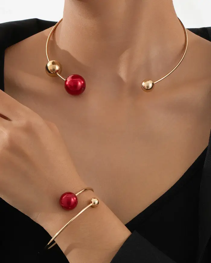 Juego de Joyería Vintage Elegante de 2 Piezas con Collar Ovalado de Bola Roja y Gargantilla Dorada, Pulsera para Novia, Regalo de Boda o Fiesta 2
